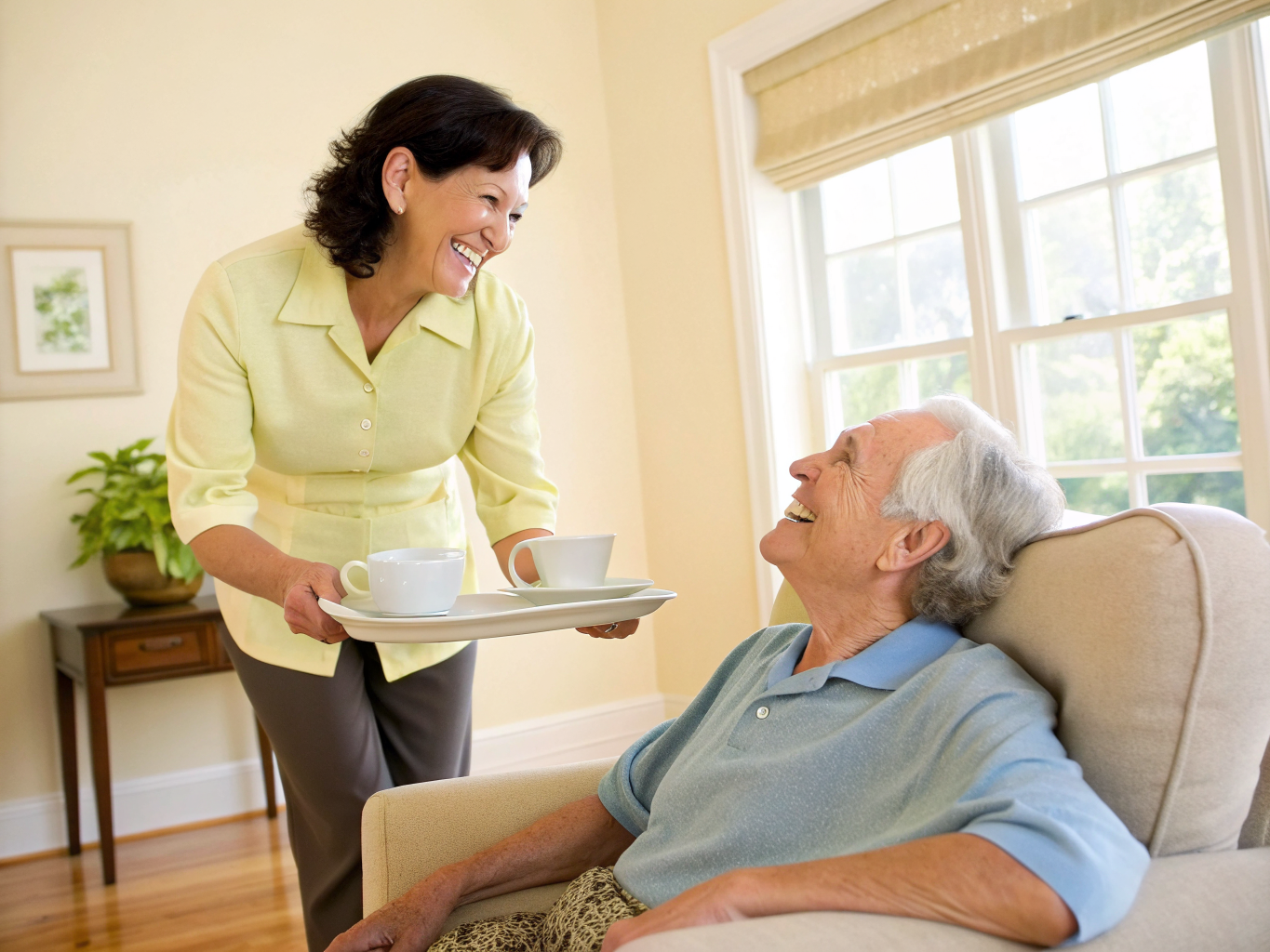 Zorgverlener en cliënt lachen samen en hebben een goede band