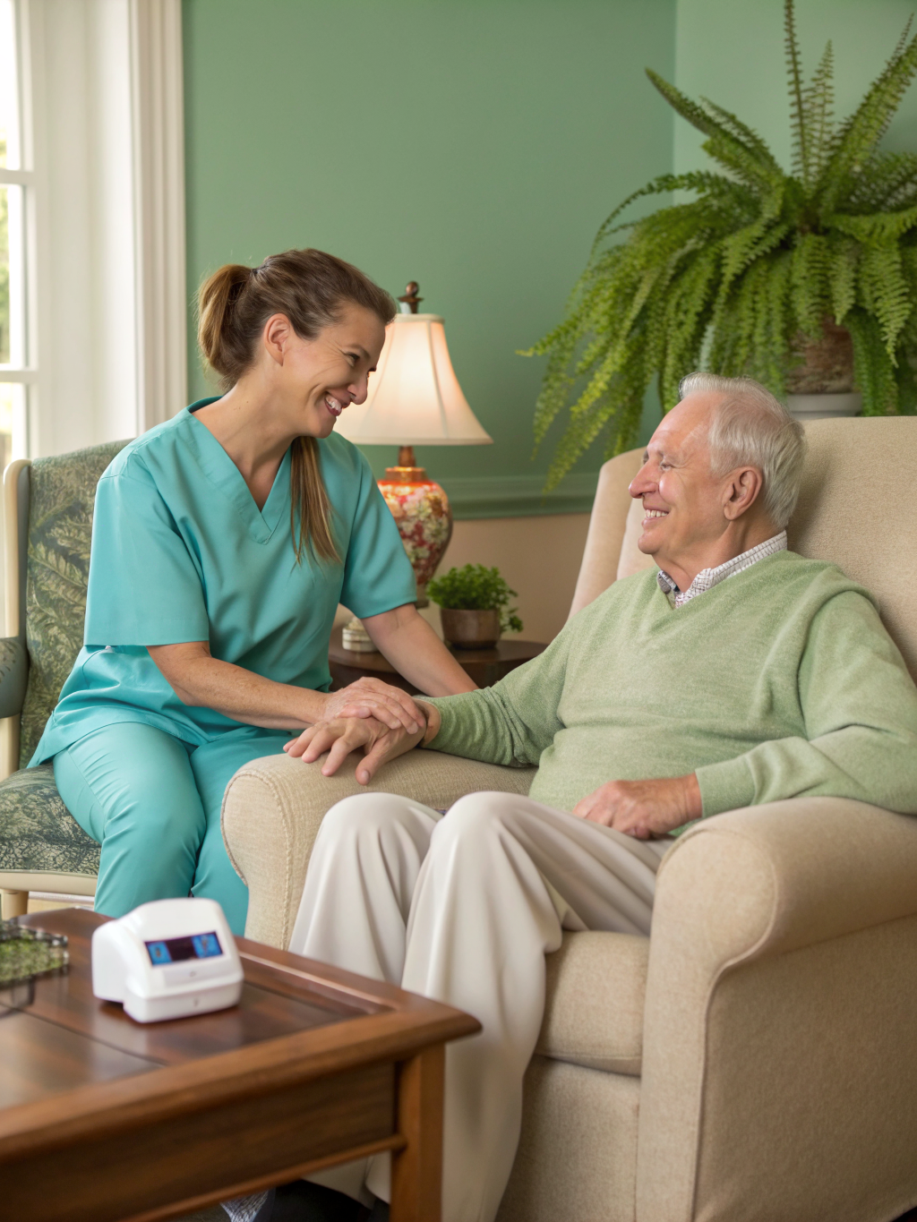 Zorgverlener van CuraNova Zorg in gesprek met een cliënt in de thuissituatie